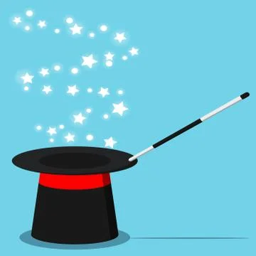 Vector flat design cartoon style illustration magic black hat with magic wand Stock Illustration