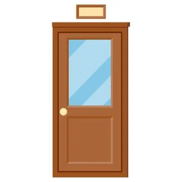 Vector flat design closed school classroom door with glass,nameplate icon, en Stock Illustration