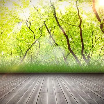 Vector flat design is depicting plank deck meeting grassy edge under forest Stock Photos