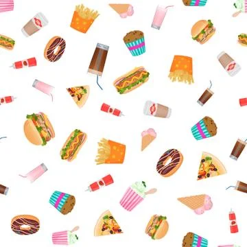 Vector flat design fast food seamless pattern wallpaper. Stock Illustration