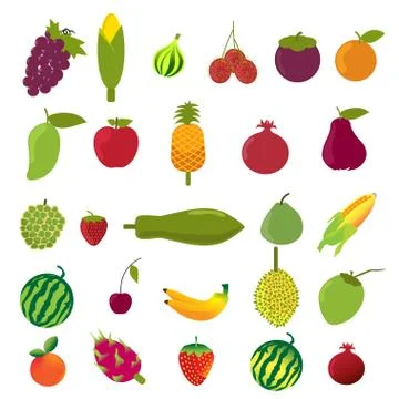 Vector flat design fruits icon set. 스톡 일러스트