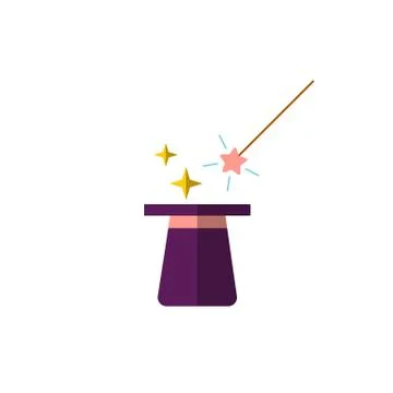 Vector flat design, illustration of magic hat with magic wand and light stars Stock Illustration