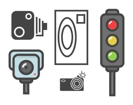 Vector flat design illustration of road speed camera signs and traffic lights Stock Illustration