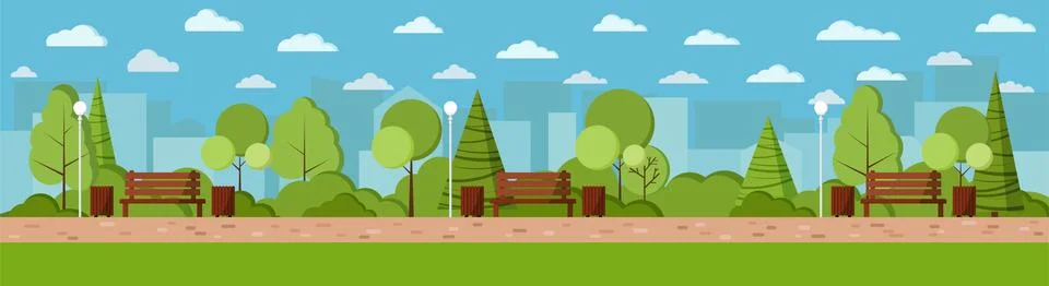 Vector flat design illustration Summer city park day background in cartoon st Ilustração Stock