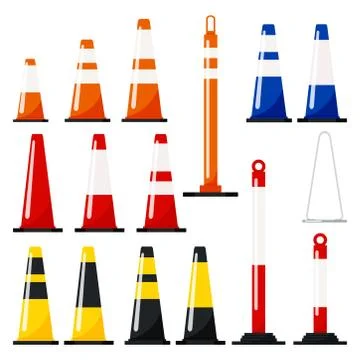 Vector flat design illustration of traffic cones set orange, blue, red, yello Stock Illustration