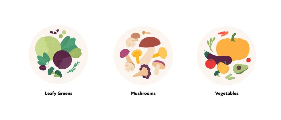 Vector flat design of leafy greens, mushroom and vegetables symbol Stock Illustration