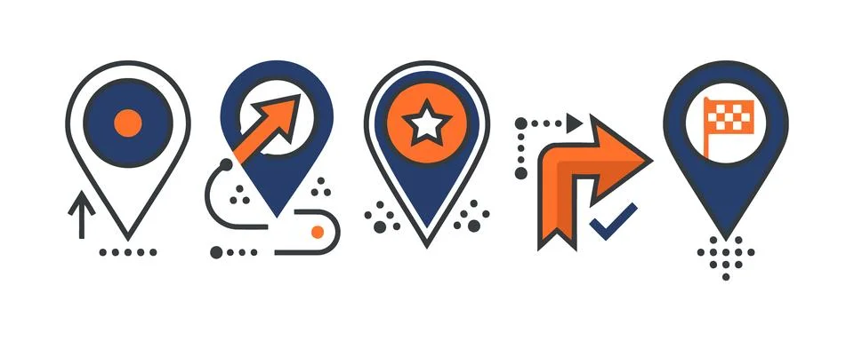 Vector of Flat design location pins with directional arrows and icons Stock Illustration