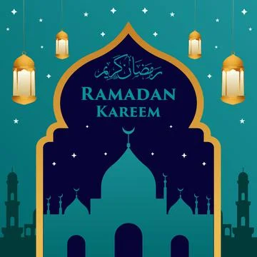 Vector flat design ramadan kareem illustration with mosque, stars, lantern Stock Illustration