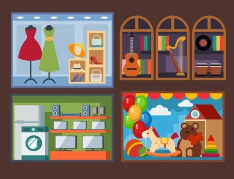 Vector flat design restaurant shops facade storefront market building Ilustración de archivo