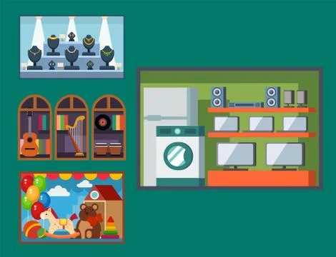 Vector flat design restaurant shops facade storefront market building Illustrazione stock