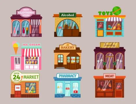 Vector flat design restaurant shops facade storefront market building Stock Illustration