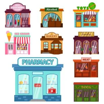 Vector flat design restaurant shops facade storefront market building Ilustración de archivo