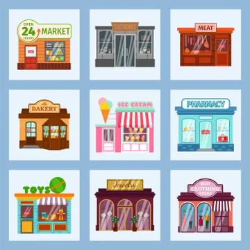 Vector flat design restaurant shops facade storefront market building Stock Illustration