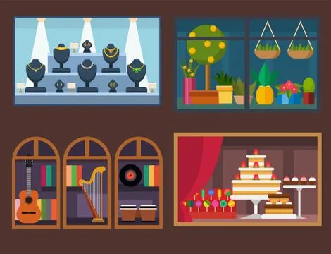 Vector flat design restaurant shops facade storefront market building Stock Illustration