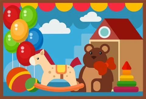 Vector flat design restaurant toys shop facade storefront market building Stock Illustration