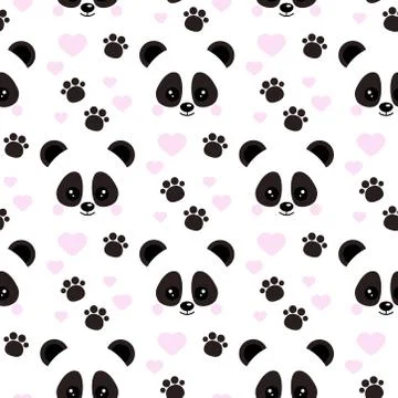 Vector flat design seamless pattern with cute baby panda face with pink heart Stock Illustration