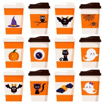 Vector flat design set of paper coffee or tea cups decorated cartoon characte Stock Illustration