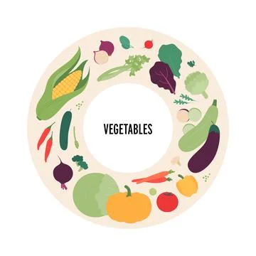 Vector flat design variation of different vegetables symbol in circle frame Illustrazione stock