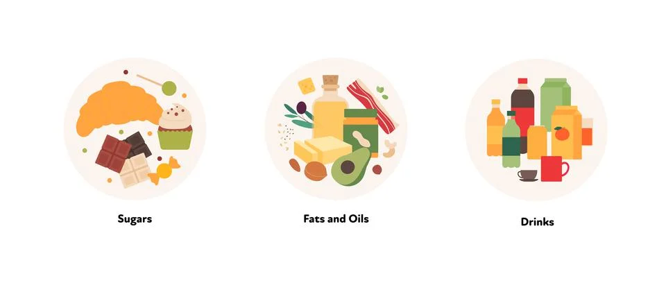 Vector flat design of various sugar, fat, oil and drinks Stock Illustration