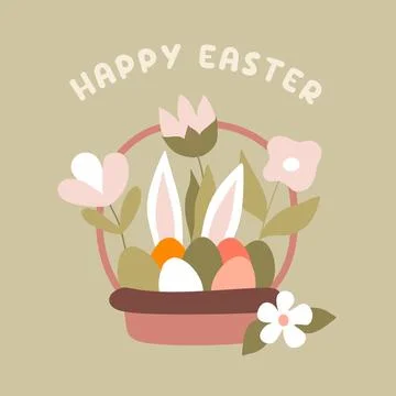 Vector Flat Easter Greeting Card with Lettering. Eggs in Basket with Flowers  Stock Illustration