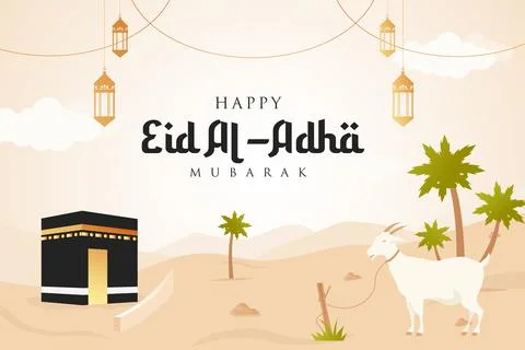 Vector flat Eid al Adha horizontal banner template with goat and Kabah Stock Illustration