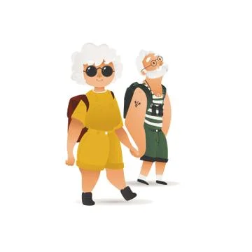 Vector flat elderly couple traveller holding hands Stock Illustration