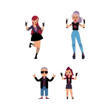 Vector flat elderly, young rock women set Stock Illustration