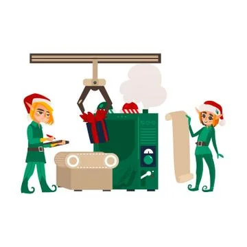 Vector flat elf boy checking present toys Illustrazione stock