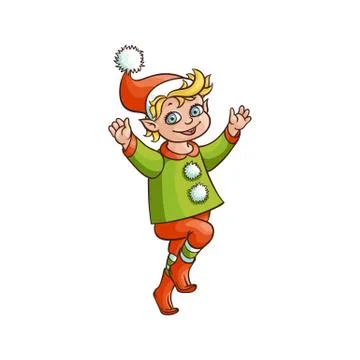 Vector flat elf boy dancing or jumping isolated Stock Illustration