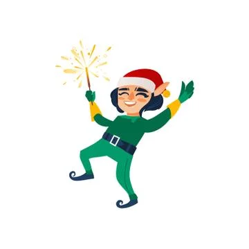 Vector flat elf boy dancing or jumping isolated Stock Illustration