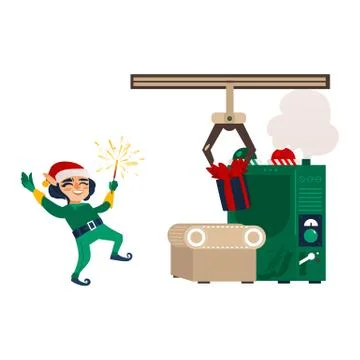Vector flat elf boy dancing near gift factory Stock Illustration