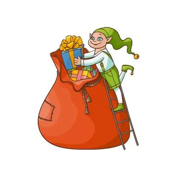 Vector flat elf boy folding present boxes in bag 스톡 일러스트