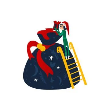 Vector flat elf boy folding present boxes in bag Illustrazione stock