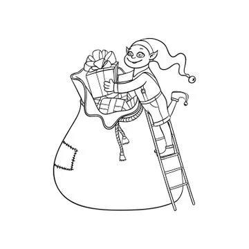 Vector flat elf boy folding present boxes in bag Stock Illustration