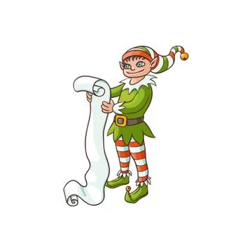 Vector flat elf boy holding paper scroll Illustrazione stock