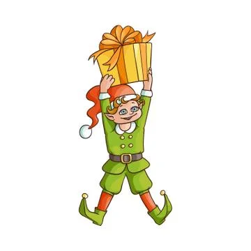 Vector flat elf boy holding present box 스톡 일러스트