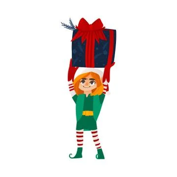 Vector flat elf boy holding present boxes in hands Illustrazione stock