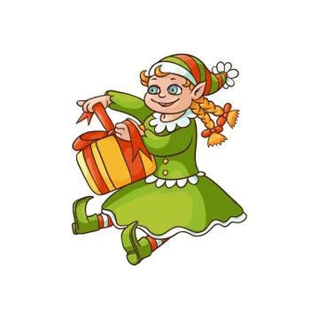 Vector flat elf girl sitting with present box 스톡 일러스트