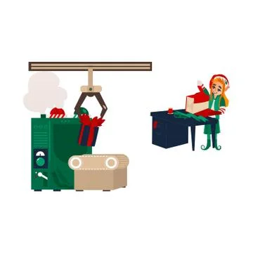 Vector flat elf girl wrapping present box Stock Illustration