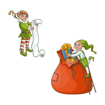 Vector flat elves boy, girl christmas scenes set Stock Illustration