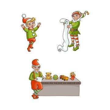 Vector flat elves boy, girl christmas scenes set Stock Illustration