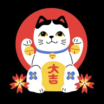 Vector flat figure of Maneki Neko on black background. Stock Illustration