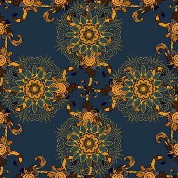 Vector flat flowers seamless pattern. Flowers on orange, blue and yellow colors. イラスト素材