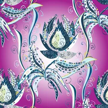 Vector flat flowers seamless pattern. Flowers on blue, neutral and violet colors 库存插图