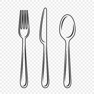 Vector Flat Fork, Knife and Spoon with Outline Icon Set, Cutlery, Isolated Stock Illustration