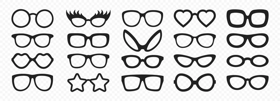 Vector Flat Frame Glasses Icon Set. Sunglasses, Vintage Eyeglasses, Lenses Stock Illustration