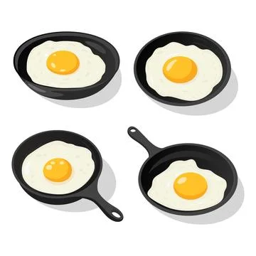 Vector Flat Fried Egg, Omelet in a Dish Plate and Frying Pan Isolated on White Stock Illustration