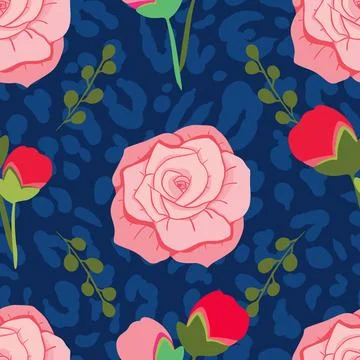 Vector flat frose flowers seamless pattern on blue animal print background Stock Illustration