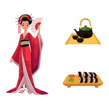 Vector flat geisha, sushi and tea ceremony set Stock Illustration