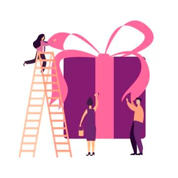Vector flat gift box holiday people illustration. Business team prepares for Stock Illustration